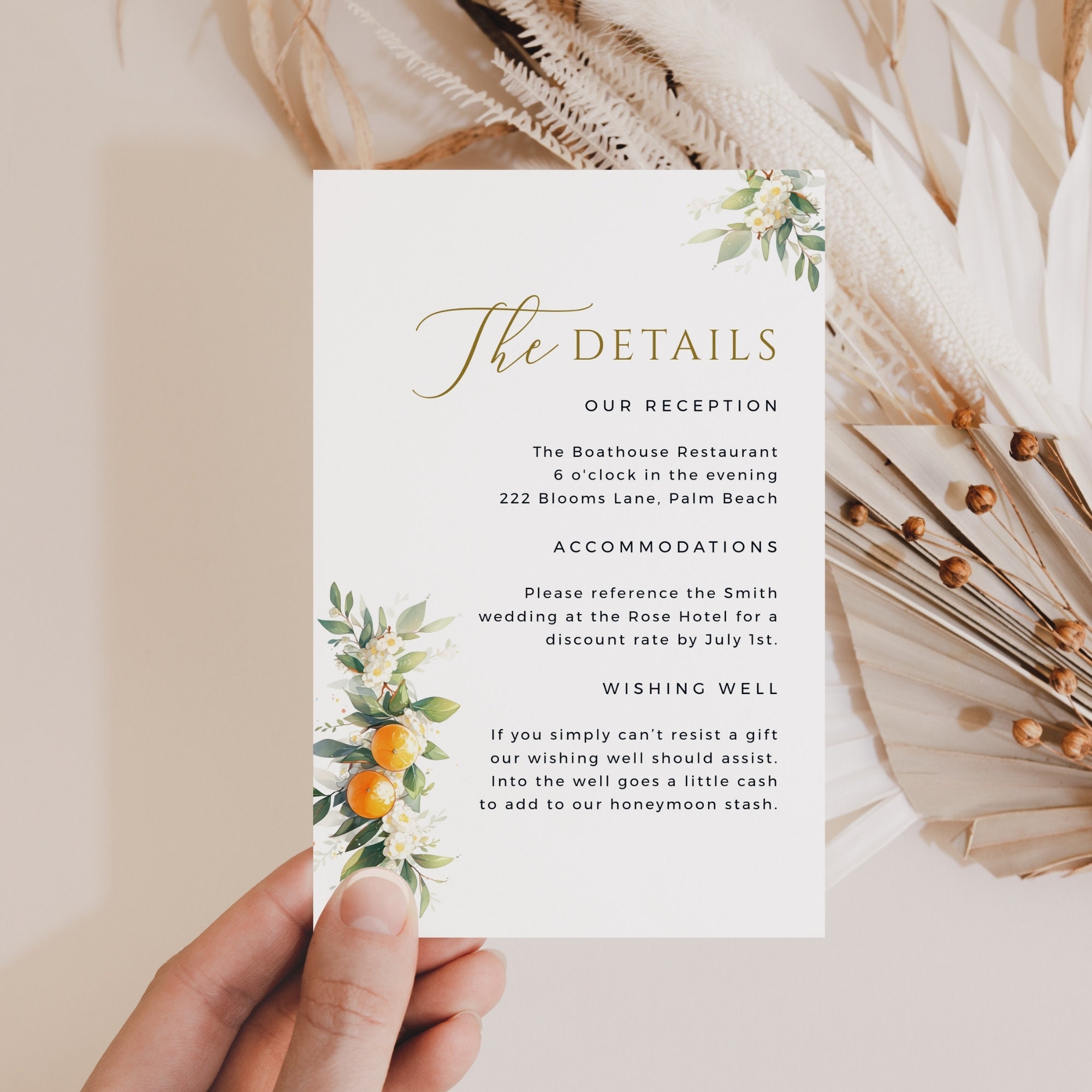 Tropical Citrus Wedding Invite Insert Card, Destination Invitation
