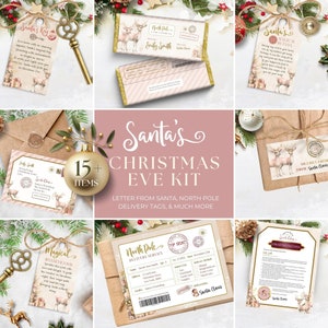 Kerstavond Box Kit Brief van de Kerstman, bewerkbare magische sleutel, afdrukbaar rendiervoedsel, gepersonaliseerde mooie lijst, INSTANT DOWNLOAD, roze, CHR04