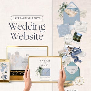 Może przedstawiać: Interaktywny szablon strony internetowej ślubnej Canva wyświetlany na ekranie laptopa i tabletu. Projekt zawiera tekst Sarah and Blake, niebieskie koperty, kwiatowe akcenty oraz różne elementy papeterii ślubnej.