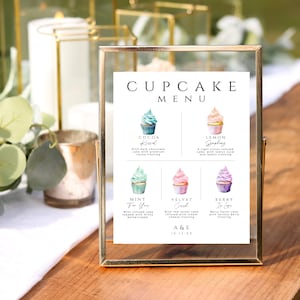 Cupcake-Menü Vorlage, minimalistisches Hochzeitstortenschild, moderne Dessertbar, bearbeitbare süße Tischaromen, sofortiger DOWNLOAD, weiß, WED06
