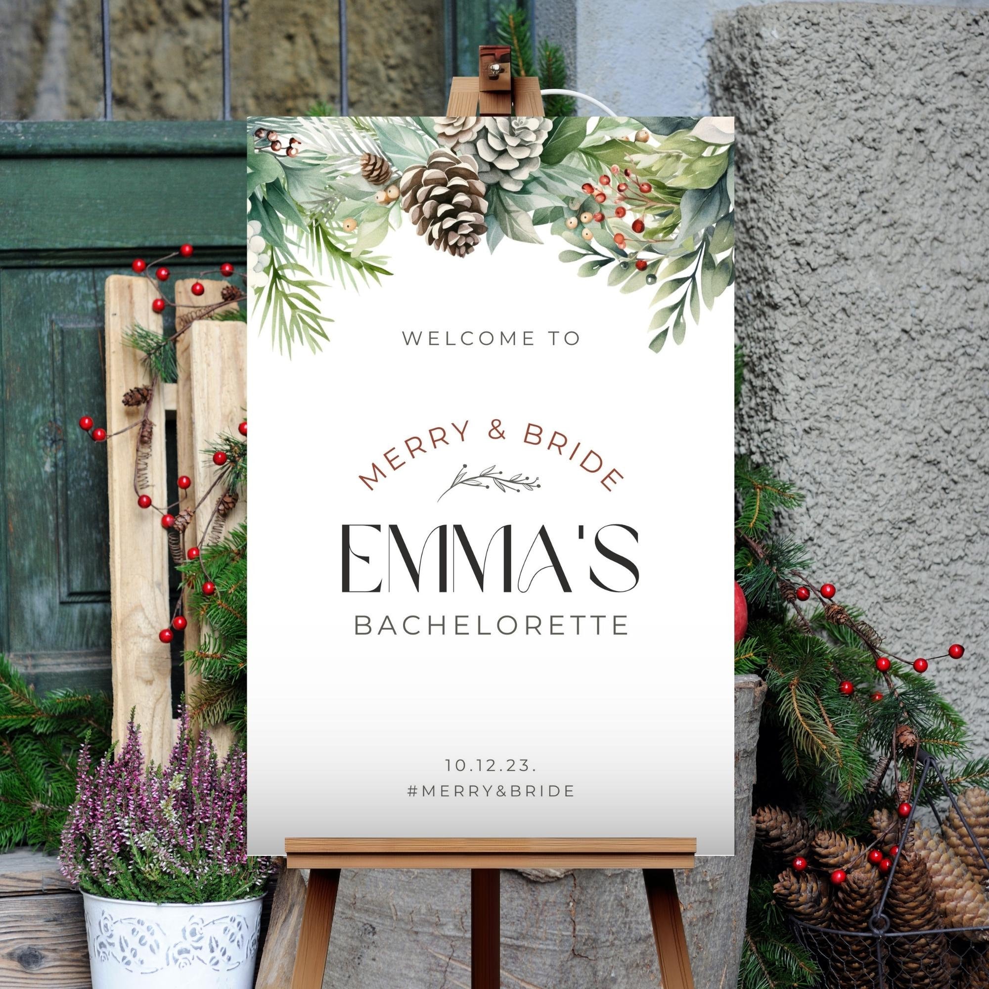 Christmas Bachelorette Welcome Sign, Holiday Greenery Party Decor, Xmas Social Media Board, Bridal Shower Display, INSTANT DOWNLOAD, BACHL16