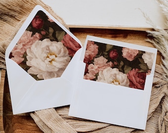Moody Floral Envelope Liner, Printable Burgundy Flower, Dusty Pink, Vintage Rose, A7 Euro Square Flap, 5x7 invite, INSTANT DOWNLOAD, WED36