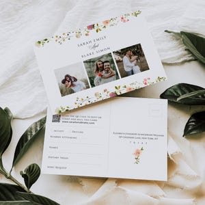Carte postale RSVP QR Code fleurs sauvages, faire-part carte-réponse floral rose, modèle photo de mariage, garden-party lunatique, téléchargement immédiat, 28 MER