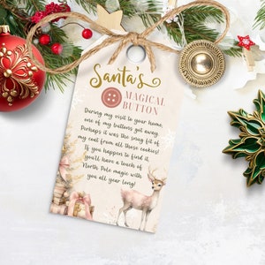 Santa's Lost Button, bearbeitbarer magischer Geschenkanhänger, druckbare Notiz von Claus, Heiligabend-Traditionskarte, SOFORTIGER DOWNLOAD, Pink, CHR04