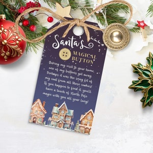 Santa's Lost Button, bearbeitbarer magischer Geschenkanhänger, druckbarer Brief von Claus, Heiligabend Traditionskarte, INSTANT DOWNLOAD, Blau, CHR04