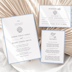 Coastal Wedding Invitation Suite Template, Summer Beach QR, Dusty Blue Envelope Liner, Nautical Minimal Monogram, INSTANT DOWNLOAD, WED23