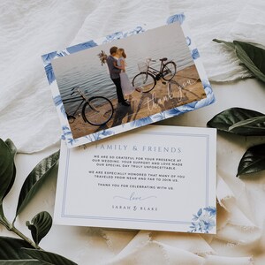 Florale Dankeskarte mit Bild, druckbare blaue Toile-Hochzeitsfotovorlage, Vintage Floral Note Foto, SOFORTIGER DOWNLOAD, WED14
