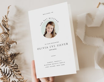 Bat Mitzvah Program Template, Editable Minimal Jewish Party, Printable Modern Folded Photo Booklet, INSTANT DOWNLOAD, White, Black, BAT10