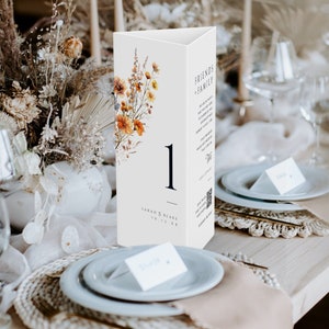 Número de mesa de boda en tríptico, menú minimalista en forma de triángulo, tarjeta de agradecimiento con flores en color naranja quemado, letrero con código QR de otoño, DESCARGA INSTANTÁNEA, MIÉRCOLES 10