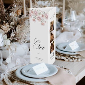 Número de mesa de boda en tríptico, menú en forma de triángulo con jardín rosa, código QR imprimible con foto, plantilla floral de peonía, DESCARGA INSTANTÁNEA, MIÉRCOLES 19