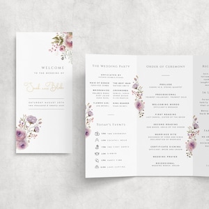 Programme de mariage floral à trois volets, modèle de livret d'itinéraire infographique, chronologie d'icônes pliées violettes, photo avec code QR, TÉLÉCHARGEMENT IMMÉDIAT, MER09