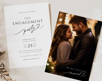 May include: A wedding invitation with a photo of a couple embracing. The invitation text reads "Sarah & Blake, The Engagement Party, Please join us for dinner & drinks, Fri 25 Aug, Two Thousand & Twenty XXXX at 6 o'clock in the evening, 327 Canyon Rd, Toronto, ON, Please rsvp by July 16" and "We're Getting Married".