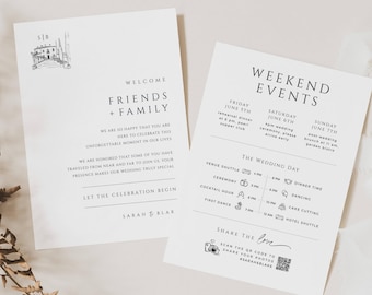 May include: A wedding invitation suite with a minimalist design. The front features a welcome message for friends and family, while the back includes a weekend events schedule with details about the ceremony, cocktail hour, dinner, and dancing. The invitation also includes a QR code to share photos.