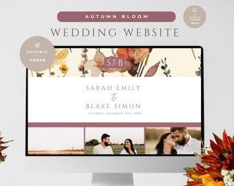 May include: A computer screen displaying a wedding website with an autumn floral theme. The website features the couple's names, "Sarah Emily & Blake Simon", and the date of their wedding. The website also includes a photo gallery of the couple.