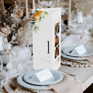 Número de mesa de boda en tríptico, menú de stand de triángulo tropical, código QR imprimible con foto, plantilla de naranja cítrica, DESCARGA INSTANTÁNEA, MIÉRCOLES 15