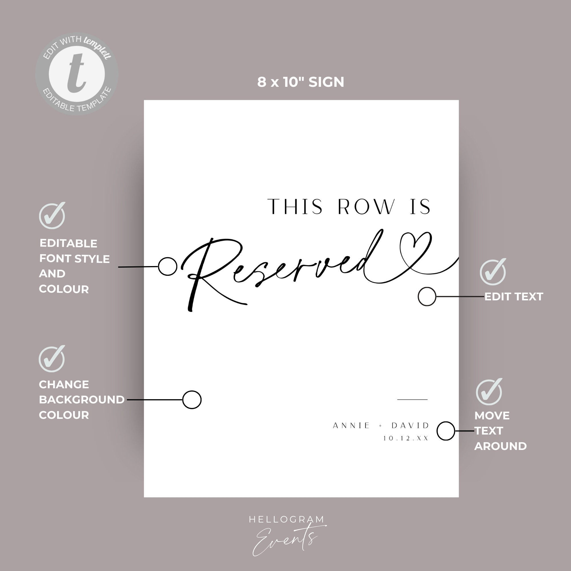 Minimalist Reserved Row Sign, Simple Saved Wedding Ceremony Seating ...