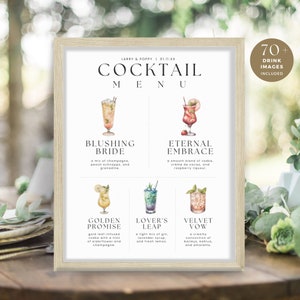 Zdjęcia podpisów na koktajlach, minimalistyczny edytowalny przepis na menu baru, elegancki szablon drinka weselnego do wydrukowania, natychmiastowe pobieranie, WED01