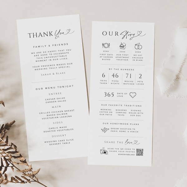 Wedding Fun Facts Card, Menu and Thank You Place Setting, Infographic Timeline Story, Share the Love QR Code, INSTANT DOWNLOAD, White, WED04