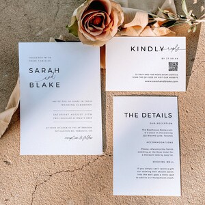 Suite de faire-part de mariage imprimé QR code, modèle d'invitation modifiable avec photo à l'arrière, carte détaillée RSVP minimale, téléchargement immédiat, MER08