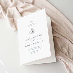 May include: A white wedding invitation with a black chandelier illustration and the text "S/B Welcome to the wedding of Sarah Emily Jones and Blake Simon Smith Saturday September 12th Two thousand & twenty XXXX Villa del Milana Sorrento, Italy"