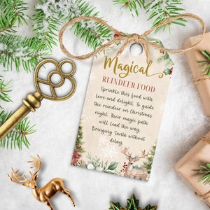 Rótulo de comida de rena mágica, etiqueta de tratamento de véspera de Natal para impressão, cartão de tradições de férias editável, trenó de Papai Noel, DOWNLOAD INSTANTÂNEO, vermelho, CHR04
