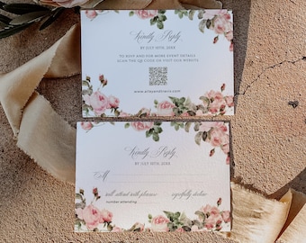 Pink Floral Wedding Rsvp, Reply Card With Food Option, English Rose Invite, Printable QR Code Insert Invitation, INSTANT download, WED36