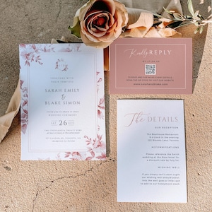 Faire-part de mariage rose poudré avec code QR, modèle d'invitation toile Français, carte postale-réponse photo floral rose vintage, téléchargement immédiat, WED13