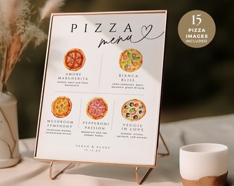 Pizza Bar Sign for Wedding, Minimalist Table Menu Card, Editable Modern Late Night Food Station Template, INSTANT DOWNLOAD, White, WED04