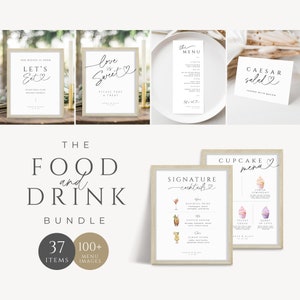 Wedding Bundle Menu, Signature Drink Cocktail, Food Sign Buffet Template, Minimal Card Place Setting, Dessert Table, INSTANT DOWNLOAD, WED04