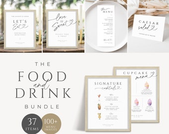 Wedding Bundle Menu, Signature Drink Cocktail, Food Sign Buffet Template, Minimal Card Place Setting, Dessert Table, INSTANT DOWNLOAD, WED04