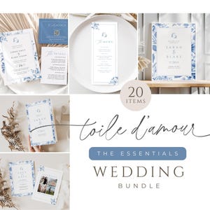 May include: A wedding invitation suite with a blue and white floral design. The suite includes a save the date card, invitation, RSVP card, and details card. The text on the invitation reads "Sarah & Blake" and "26". The text on the save the date card reads "Save the Date". The text on the details card reads "The Details". The text on the RSVP card reads "Kindly Reply".