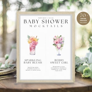 Mocktail de baby shower, letrero rosa floral para niña, menú de dos bebidas de barra imprimible mínima, plantilla de receta personalizada, DESCARGA INSTANTÁNEA, WED01