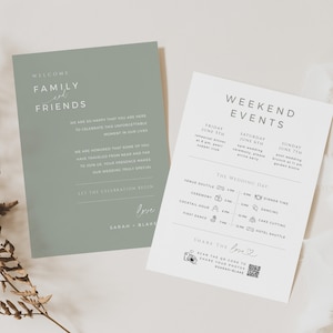 Note de remerciement : sac de bienvenue pour mariage, itinéraire de week-end minimaliste, carte de lieu pour invités infographie chronologie, TÉLÉCHARGEMENT IMMÉDIAT, vert sauge, MER07