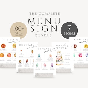 Lebensmittel Zeichen Hochzeitsmenü Bundle zum Ausdrucken, Cupcake Geschmacksrichtungen, Pizza Bar, Signature Drink Cocktail, Minimal Kuchen, Donut, SOFORTIGER DOWNLOAD, WED04