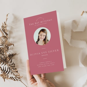 Plantilla de programa Bat Mitzvah, fiesta judía mínima editable, folleto de fotos plegado moderno imprimible, DESCARGA INSTANTE, blanco, rosa, BAT11