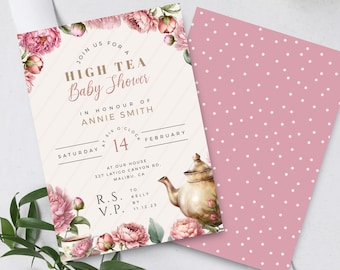 High Tea baby shower uitnodiging, meisje brouwt bewerkbare sjabloon, afdrukbare bloemenbrunch middag uitnodigen, INSTANT DOWNLOAD, roze, BA02