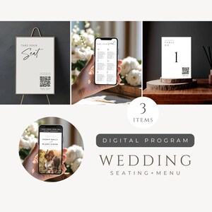 May include: A selection of wedding stationery. The image shows a sign with "Take Your Seat" text, a table number card, and digital program examples on smartphones. The text "Wedding Seating + Menu" is also visible.