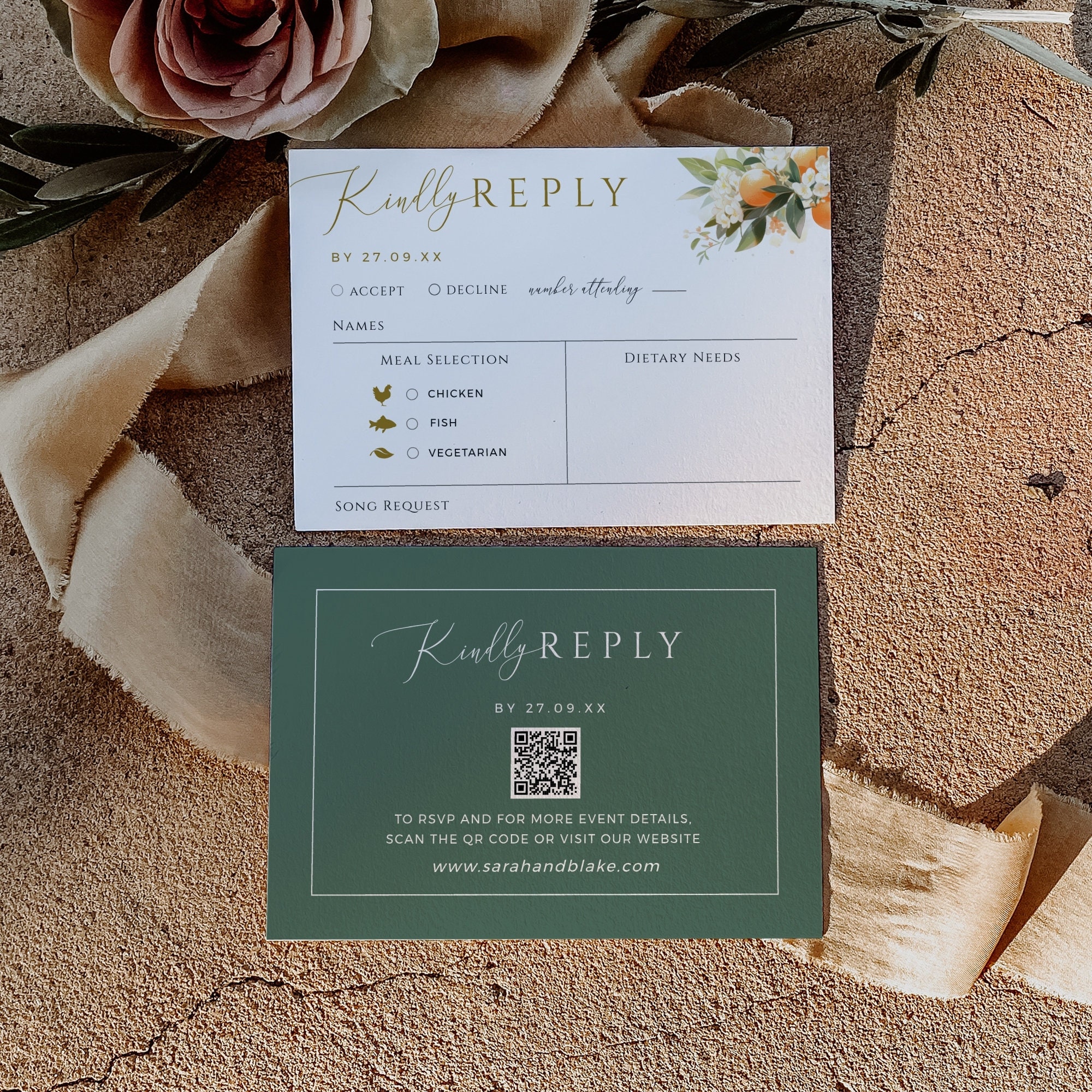 Rsvp Cards With Meal Choice, Wedding Invitation Reply Citrus