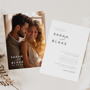 Hochzeitseinladung Einzelfoto, bearbeitbare minimale doppelseitige Kartenvorlage, druckbare Zeremonienfotoeinladung, INSTANT DOWNLOAD, WED08
