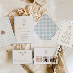 Coastal Wedding Invitation Suite, Summer Beach QR Code, Dusty Blue Envelope Liner, Nautical Minimalist Monogram, INSTANT DOWNLOAD, WED23