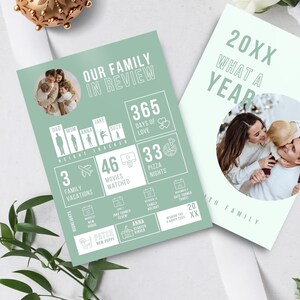 Tarjeta navideña infográfica, Boletín fotográfico navideño editable, Revisión del año imprimible, Tarjeta de felicitación familiar, DESCARGA INSTANTE, Menta, CAR04