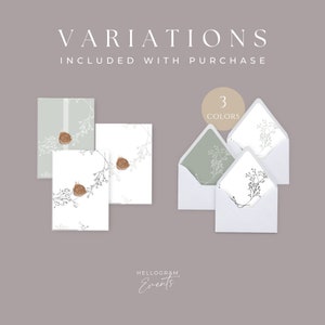May include: Three variations of a wedding invitation envelope with a delicate floral design. The envelopes are white with a green, white, and black floral pattern. The text "3 COLORS" is visible in the image.