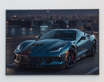 PRINTABLE Captivating Digital Artwork of a Chevrolet Corvette in the City at Night Corvette Dominating the City Street under the Moonlit Sky