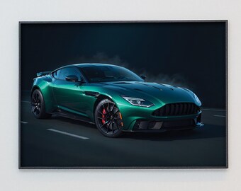 PRINTABLE Emerald Elegance Green Aston Martin Illuminated by Night's Veil | "Captivating Night Drive: Green Aston Martin Shines in the Dark