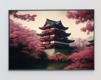 PRINTABLE  Digital Artwork Showcasing a Japanese Castle in a Cherry Blossom Forest | Japanese Castle Amidst a Blossoming Forest