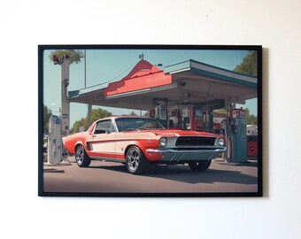 PRINTABLE Captivating Digital Artwork of a Classic Form Mustang at a Petrol Station | Vintage Vibes Classic 70s Mustang at a Petrol Station