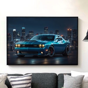 May include: A blue Dodge Challenger muscle car parked in a city at night. The car has black accents and is illuminated by streetlights.