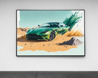PRINTABLE Green Aston Martin on the Desert DIGITAL Artwork | Fell the Excitement of an Aston Martin with This Incredible Artwork