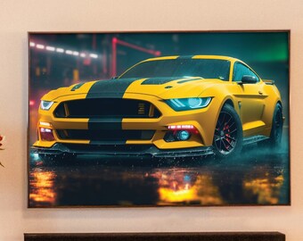 PRINTABLE Striking Digital Artwork of a Yellow Ford Mustang Embracing the Rain | Digital Artwork of a Yellow Mustang Glistening in the Rain