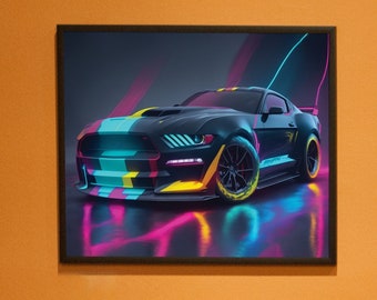PRINTABLE Striking Digital Artwork of a Black Matte Ford Mustang Aglow in Vibrant Neon Colors | Ignite Your Space with a Black Matte Mustang